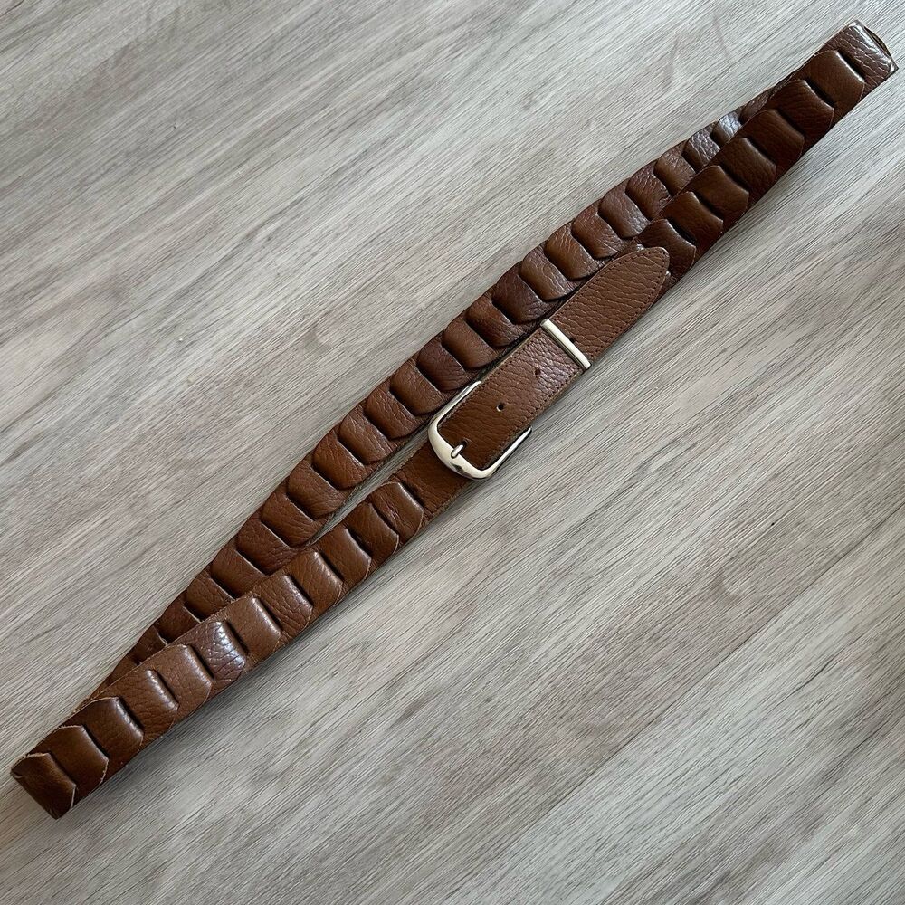 Brown Genuine Leather Chain Link Belt with Silver Buckle Waist Size 36